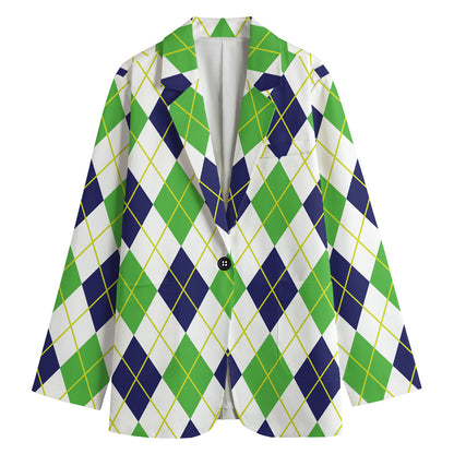 Navy Green And White Argyle Print Women's Blazer
