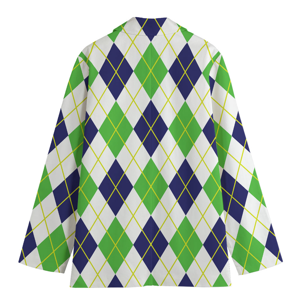 Navy Green And White Argyle Print Women's Blazer