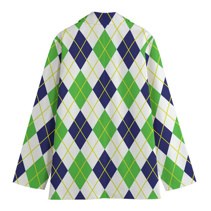 Navy Green And White Argyle Print Women's Blazer