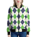 Navy Green And White Argyle Print Women's Bomber Jacket