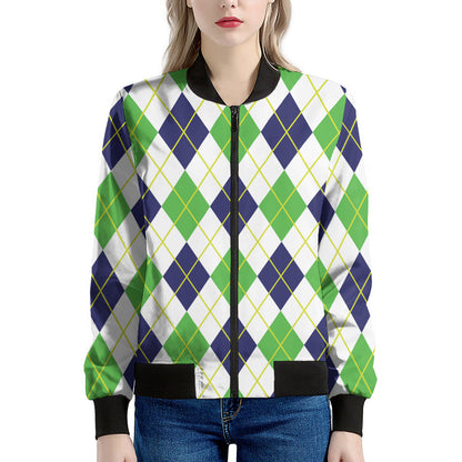 Navy Green And White Argyle Print Women's Bomber Jacket