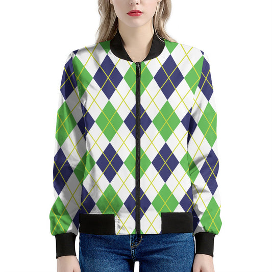 Navy Green And White Argyle Print Women's Bomber Jacket