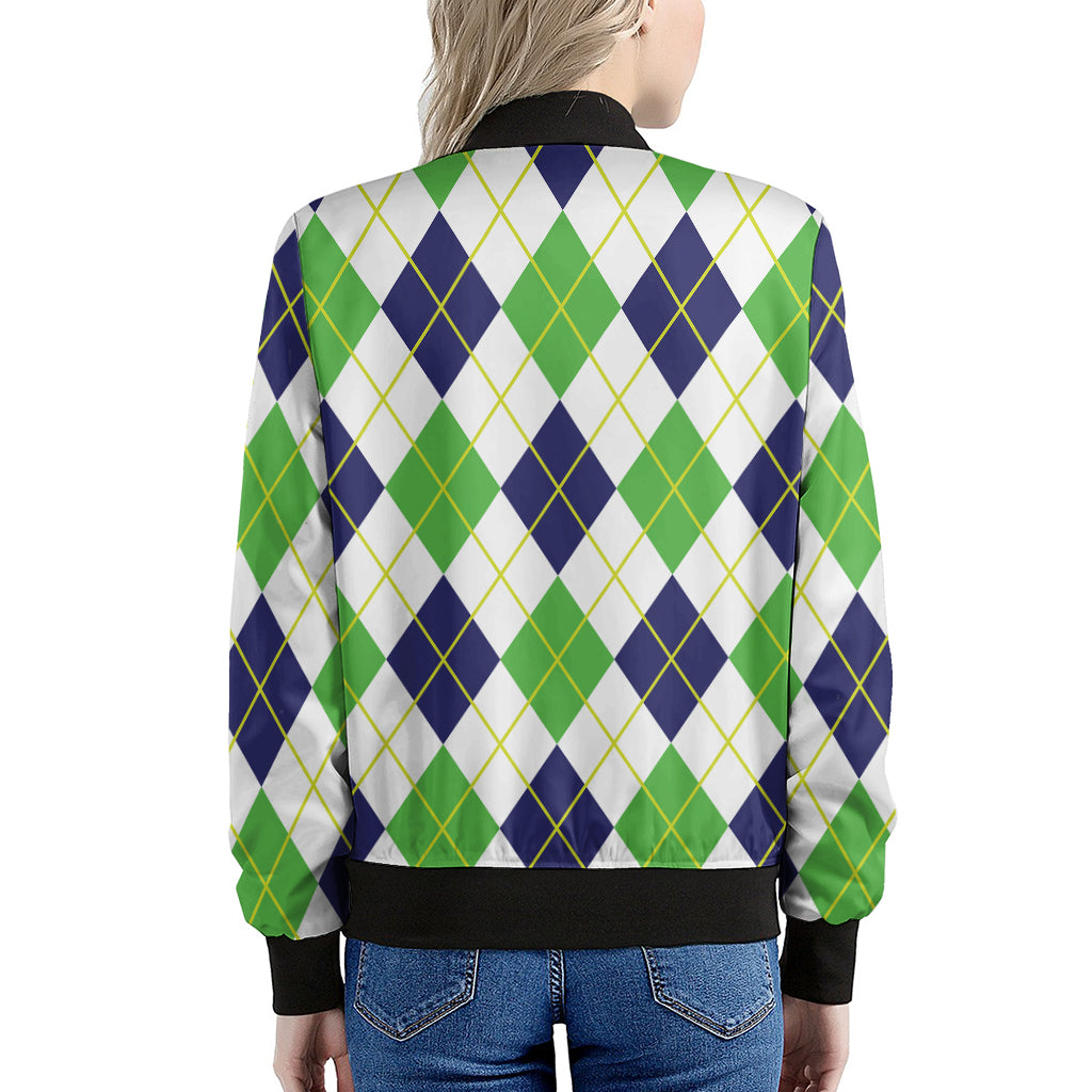 Navy Green And White Argyle Print Women's Bomber Jacket