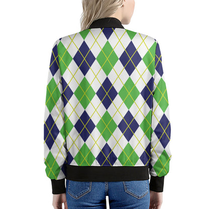 Navy Green And White Argyle Print Women's Bomber Jacket
