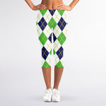 Navy Green And White Argyle Print Women's Capri Leggings