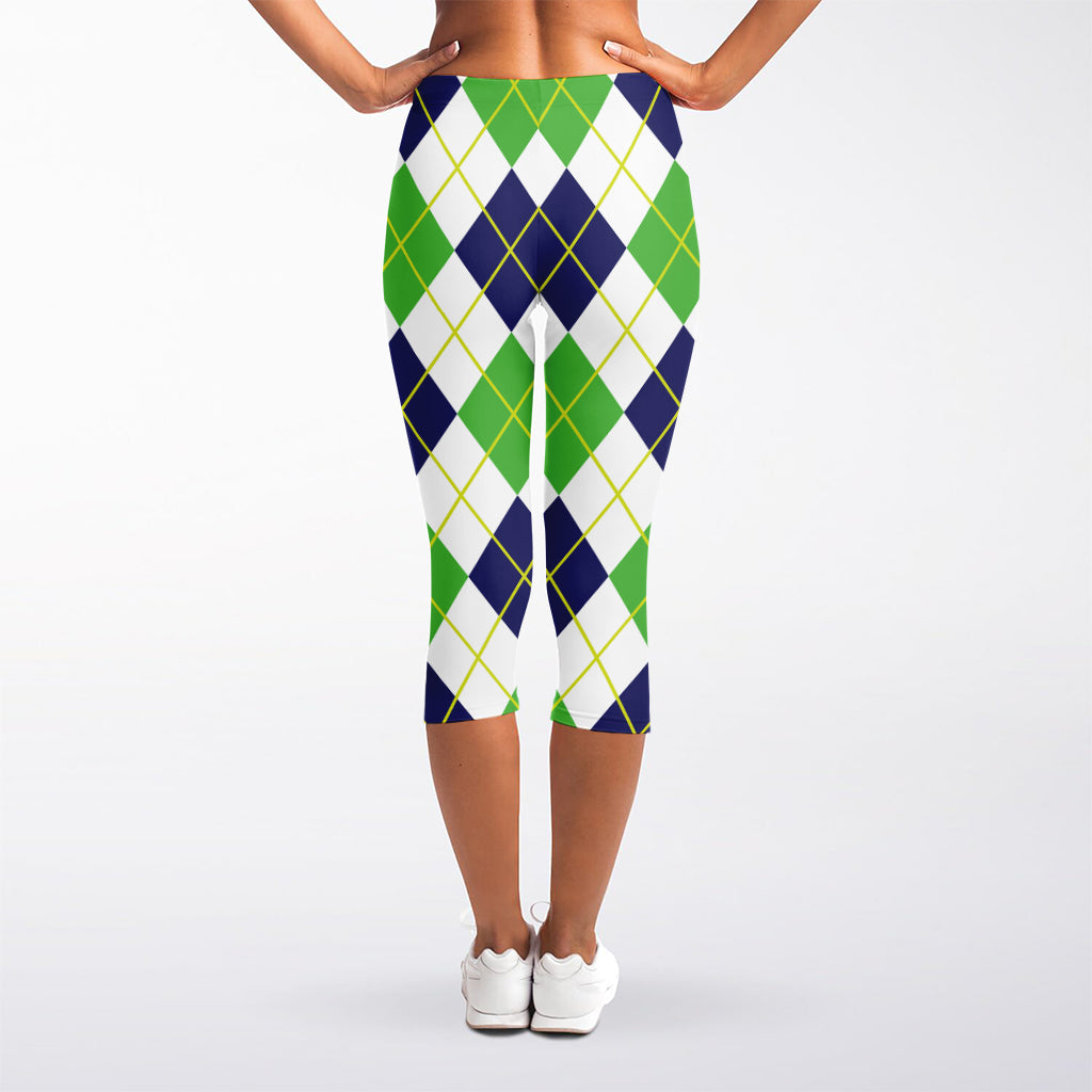 Navy Green And White Argyle Print Women's Capri Leggings