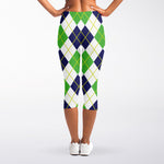 Navy Green And White Argyle Print Women's Capri Leggings