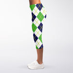 Navy Green And White Argyle Print Women's Capri Leggings