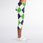 Navy Green And White Argyle Print Women's Capri Leggings