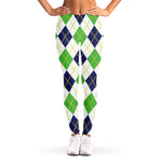 Navy Green And White Argyle Print Women's Leggings