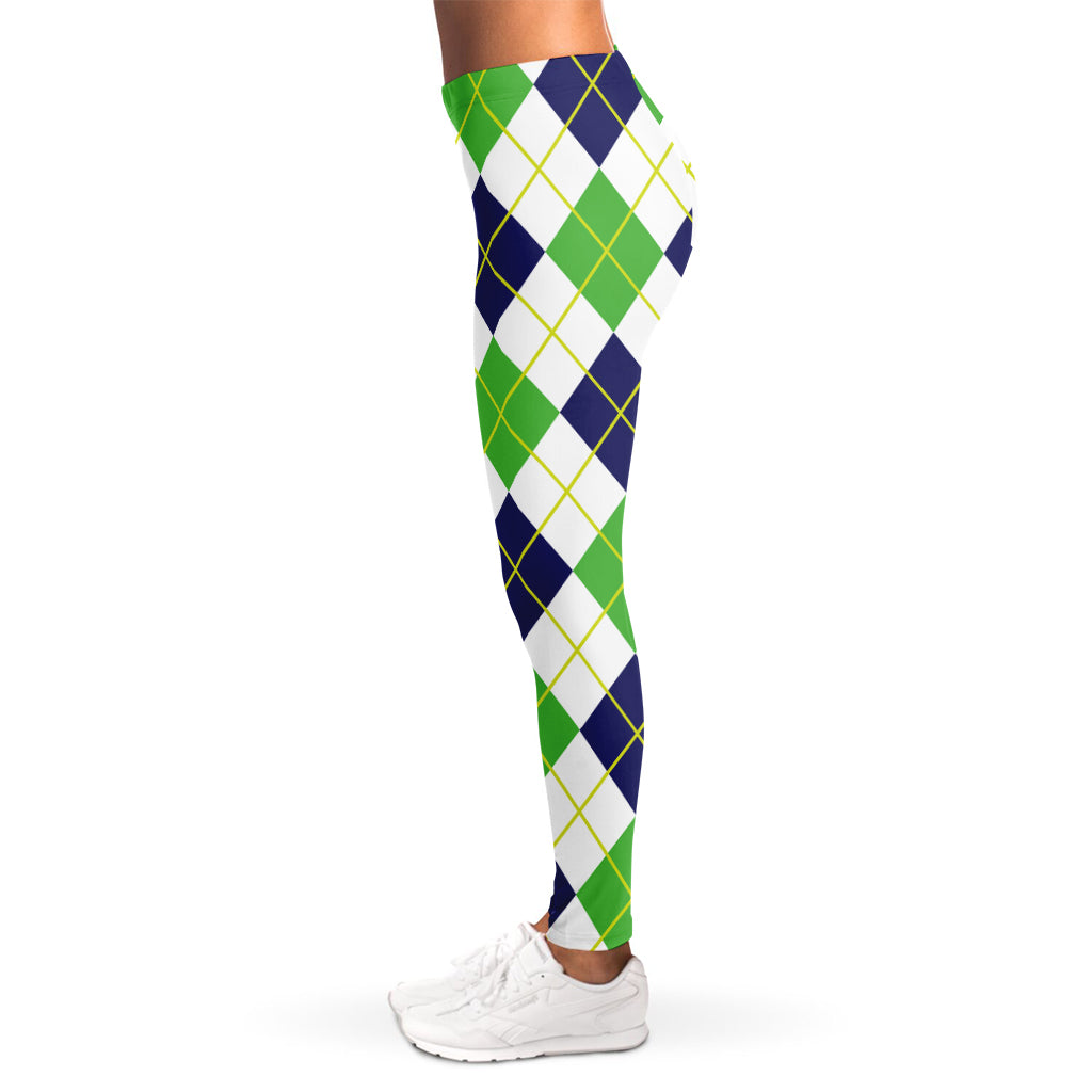 Navy Green And White Argyle Print Women's Leggings