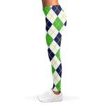 Navy Green And White Argyle Print Women's Leggings