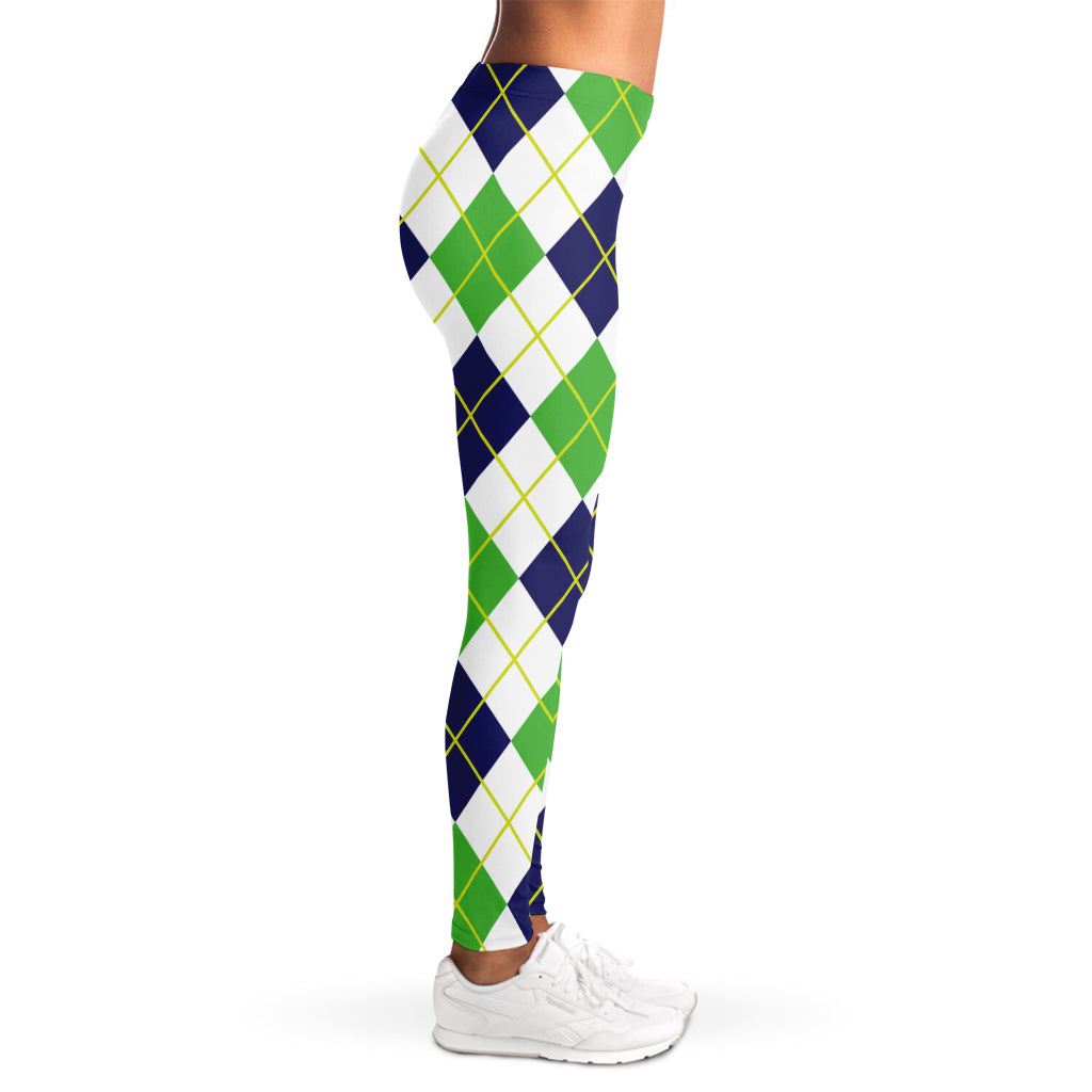 Navy Green And White Argyle Print Women's Leggings