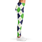 Navy Green And White Argyle Print Women's Leggings