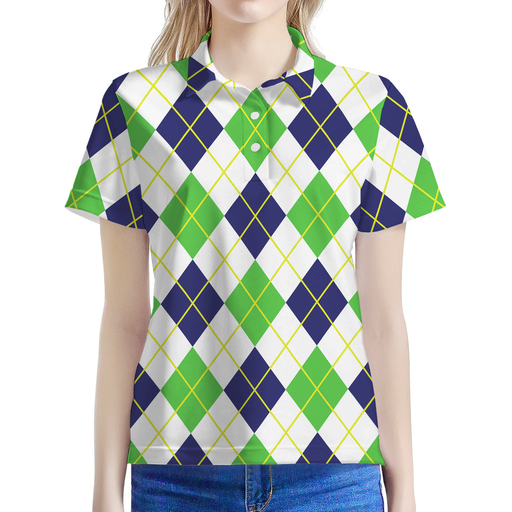 Navy Green And White Argyle Print Women's Polo Shirt
