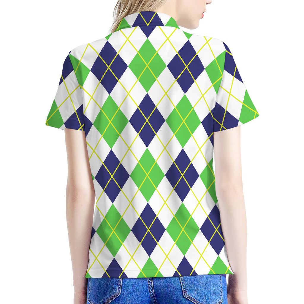 Navy Green And White Argyle Print Women's Polo Shirt
