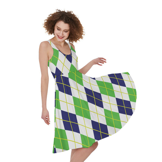 Navy Green And White Argyle Print Women's Sleeveless Dress
