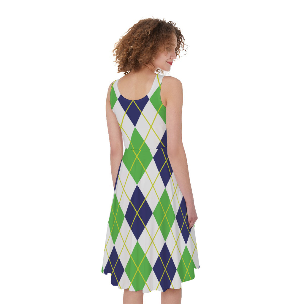 Navy Green And White Argyle Print Women's Sleeveless Dress