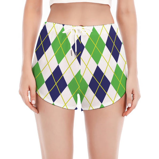 Navy Green And White Argyle Print Women's Split Running Shorts