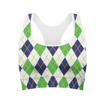 Navy Green And White Argyle Print Women's Sports Bra