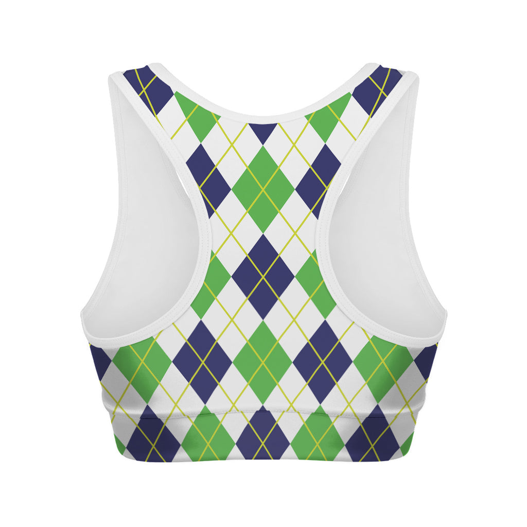 Navy Green And White Argyle Print Women's Sports Bra