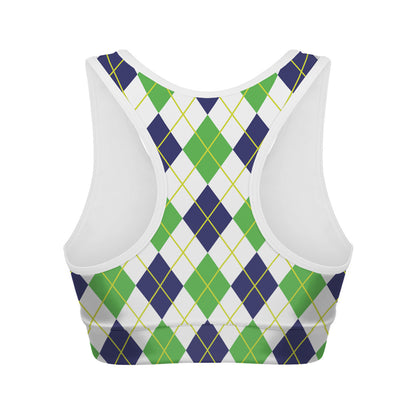 Navy Green And White Argyle Print Women's Sports Bra