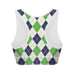 Navy Green And White Argyle Print Women's Sports Bra