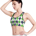 Navy Green And White Argyle Print Women's Sports Bra