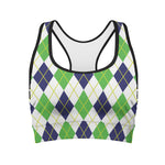 Navy Green And White Argyle Print Women's Sports Bra
