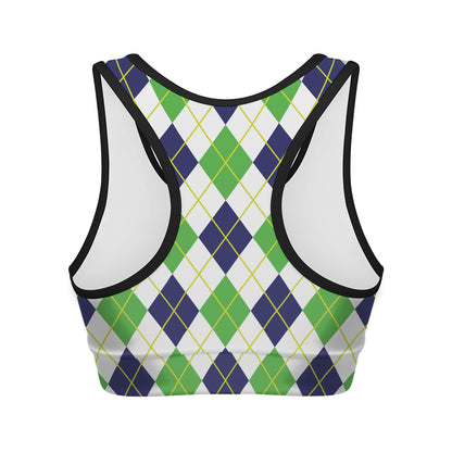 Navy Green And White Argyle Print Women's Sports Bra