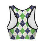 Navy Green And White Argyle Print Women's Sports Bra