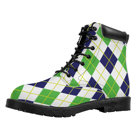 Navy Green And White Argyle Print Work Boots