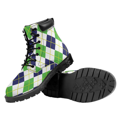 Navy Green And White Argyle Print Work Boots