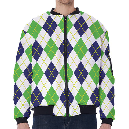 Navy Green And White Argyle Print Zip Sleeve Bomber Jacket