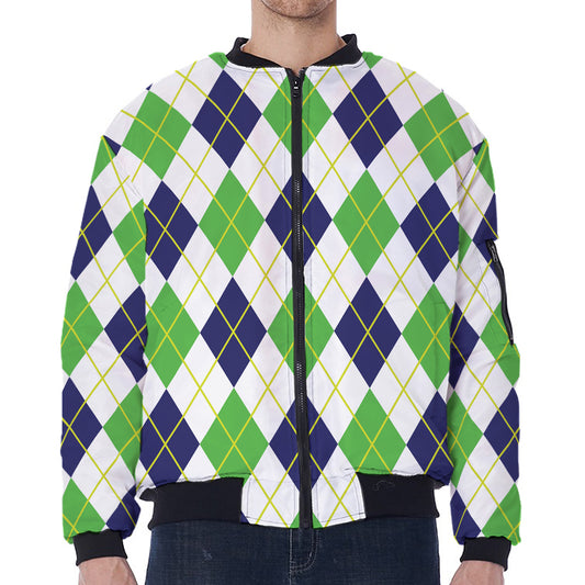 Navy Green And White Argyle Print Zip Sleeve Bomber Jacket