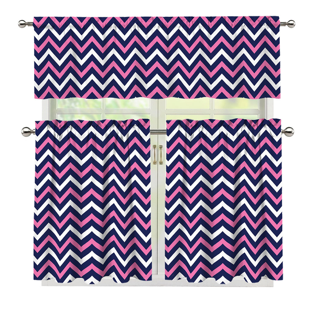 Navy Pink And White Chevron Print 3 Piece Kitchen Curtains