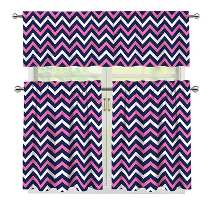 Navy Pink And White Chevron Print 3 Piece Kitchen Curtains