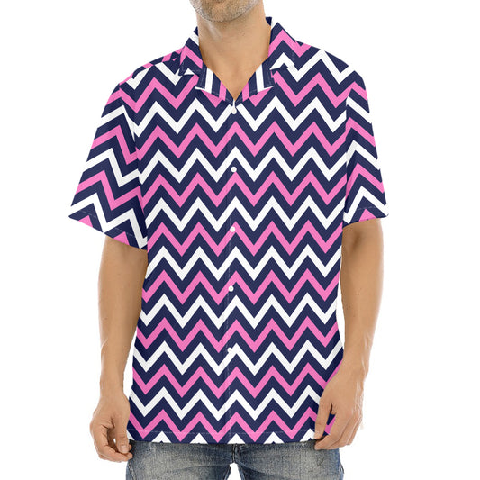 Navy Pink And White Chevron Print Aloha Shirt