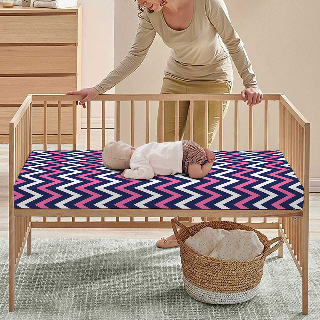 Navy Pink And White Chevron Print Baby Crib Sheet