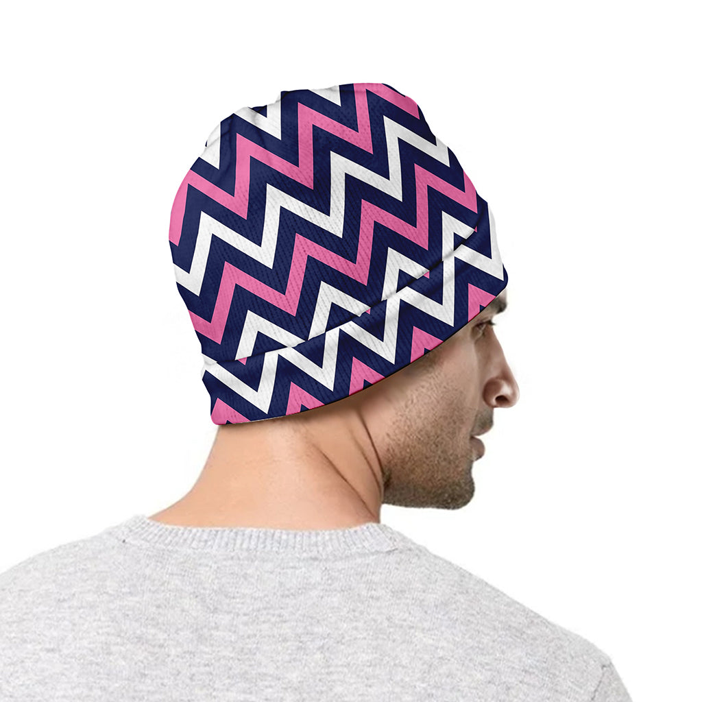 Navy Pink And White Chevron Print Beanie