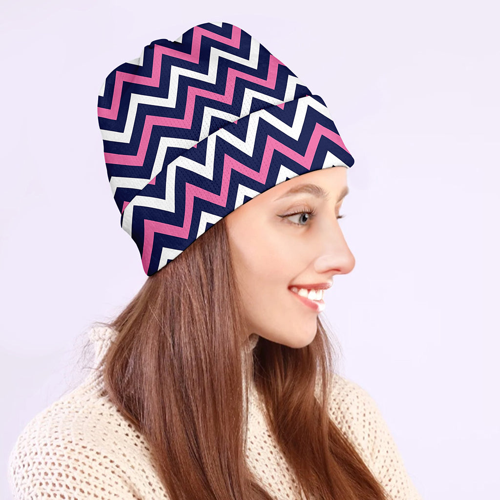 Navy Pink And White Chevron Print Beanie