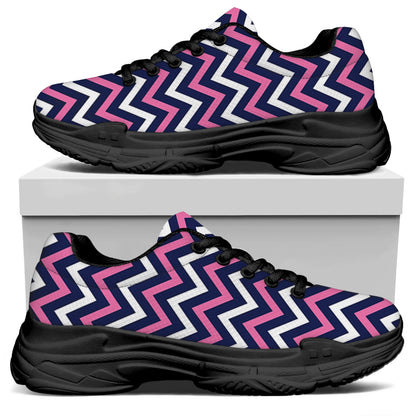 Navy Pink And White Chevron Print Black Chunky Shoes