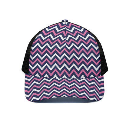Navy Pink And White Chevron Print Black Mesh Trucker Cap