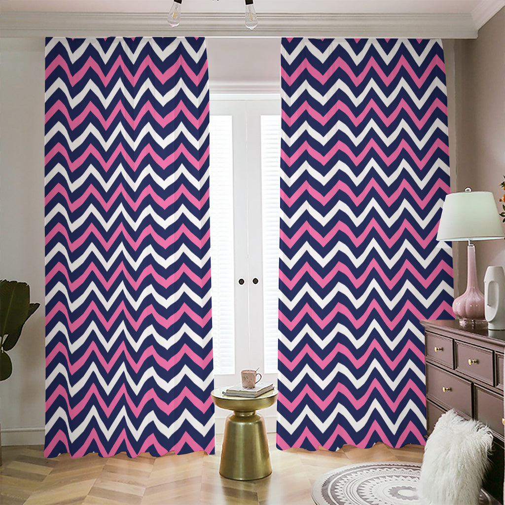 Navy Pink And White Chevron Print Blackout Pencil Pleat Curtains