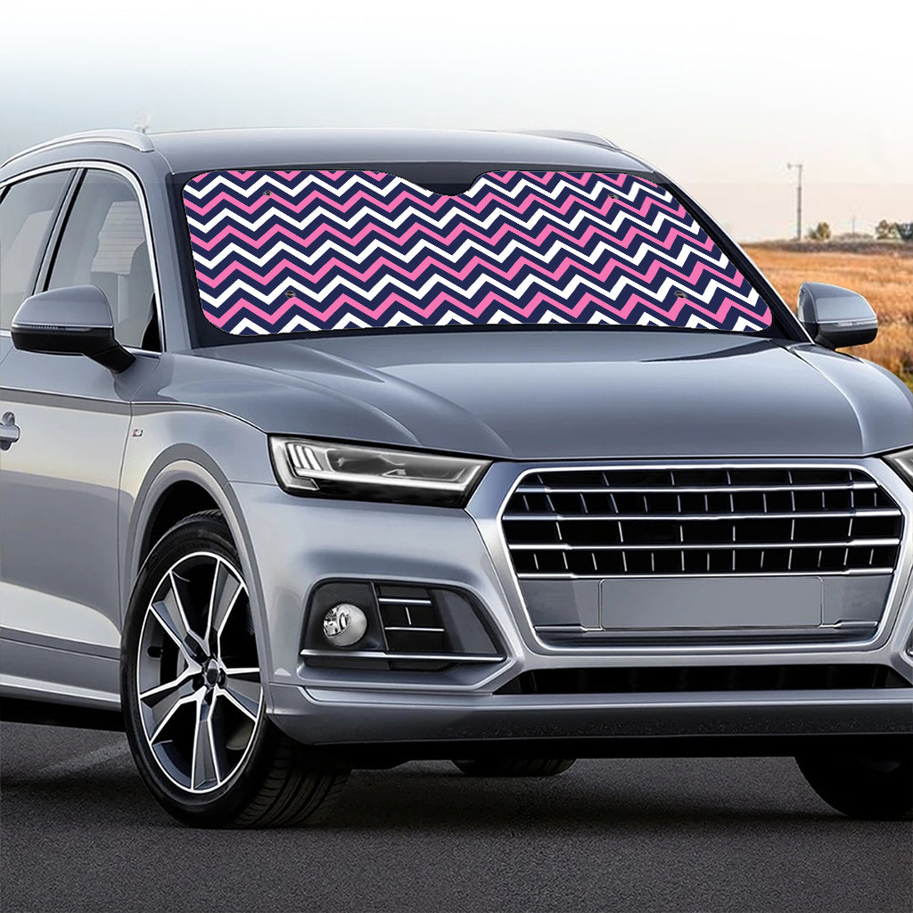 Navy Pink And White Chevron Print Car Windshield Sun Shade