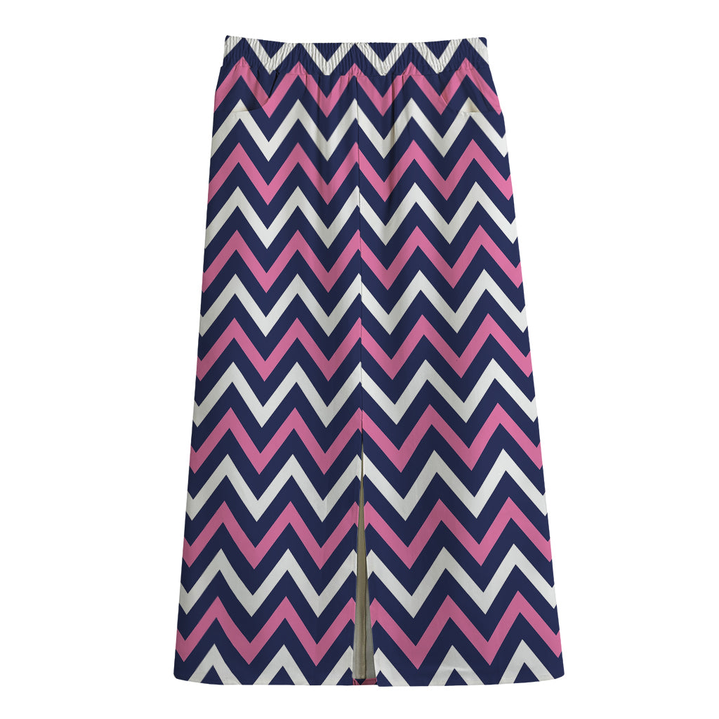 Navy Pink And White Chevron Print Cotton Front Slit Maxi Skirt