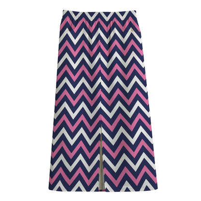 Navy Pink And White Chevron Print Cotton Front Slit Maxi Skirt