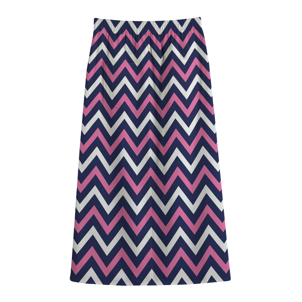 Navy Pink And White Chevron Print Cotton Front Slit Maxi Skirt