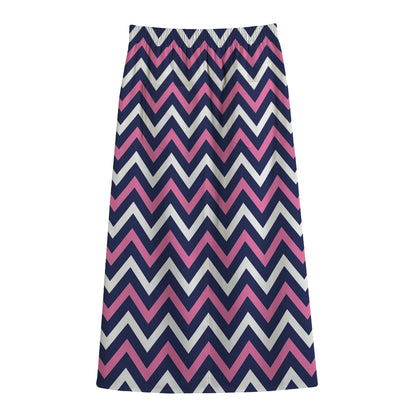 Navy Pink And White Chevron Print Cotton Front Slit Maxi Skirt