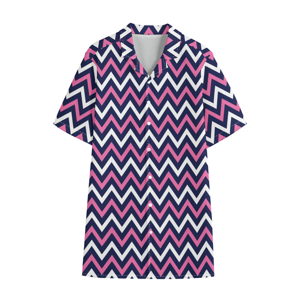 Navy Pink And White Chevron Print Cotton Hawaiian Shirt
